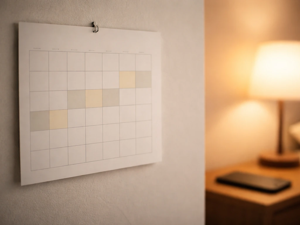 Close-up of a wall calendar with a simple sleep-time routine marked by highlighted days