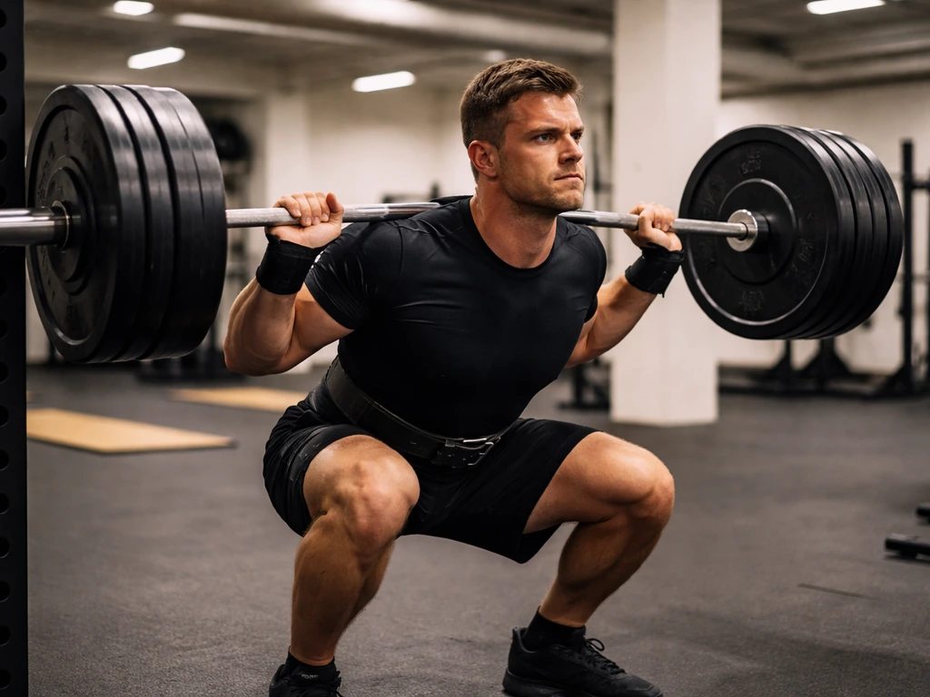 Athletic person doing a heavy squat in a quiet gym, sweat and supportive gear suggesting muscle growth and repair.