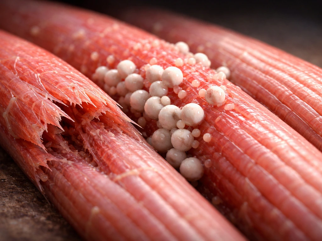 Macro view of muscle fiber microtears with surrounding cells and nearby rebuilding fibers.