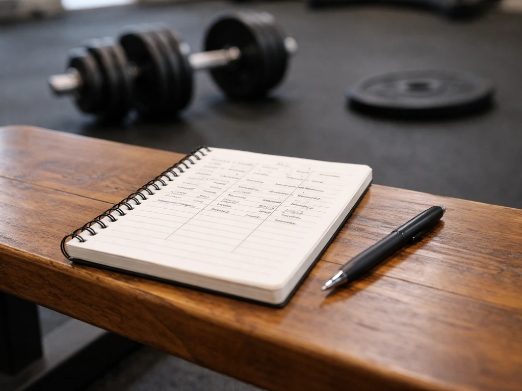 Gym training notebook with handwritten workout notes, dumbbells in soft focus, natural light.