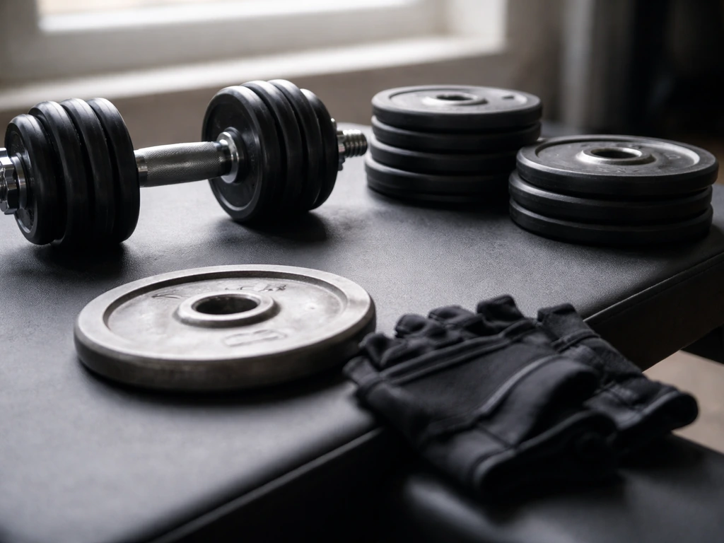 Close-up of dumbbells and weight plates arranged on a bench to suggest training volume and intensity.
