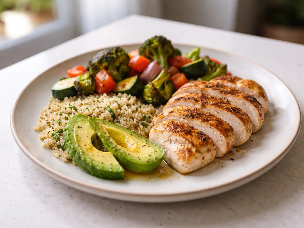 Simple meal plate with a protein portion and balanced carbs and fats on a clean table