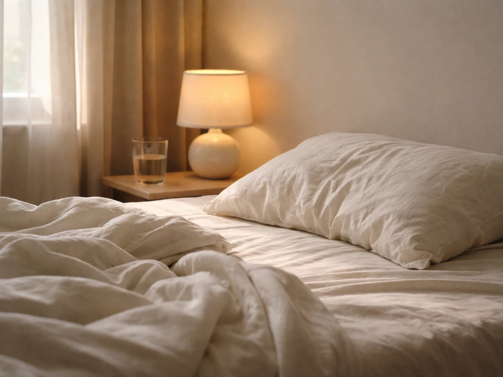 Quiet bedside with unoccupied pillows and warm morning light, suggesting restful sleep recovery