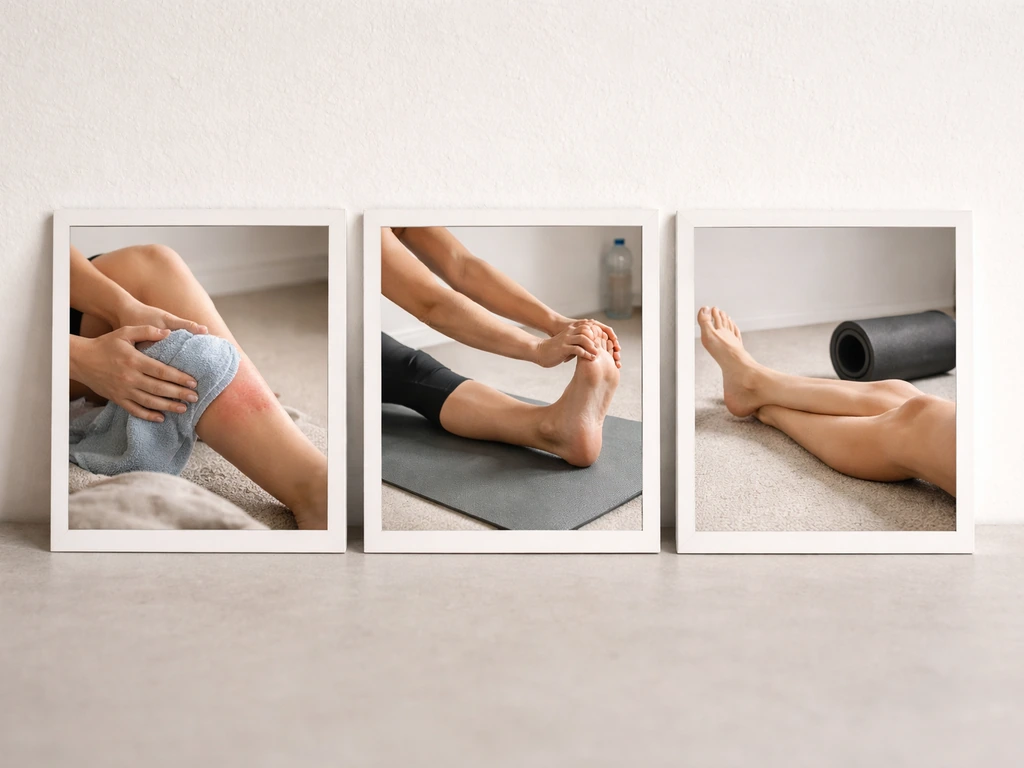 Three simple frames on a table showing leg recovery progression from soreness to repair using natural cues.