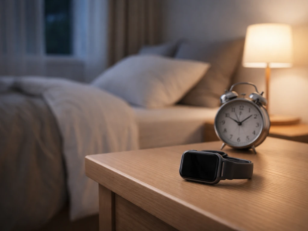 Minimal bedroom at night with a smartwatch on a nightstand and a simple alarm clock, soft lamp light.