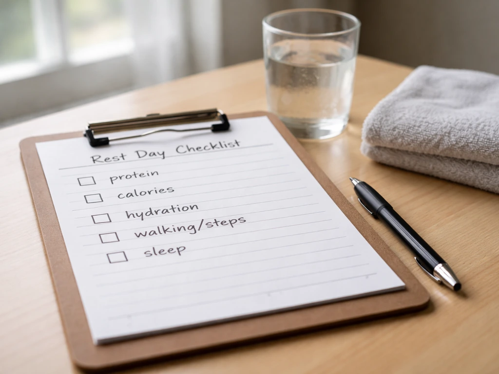 Clipboard with a rest day checklist, handwritten nutrition and recovery items beside a glass of water