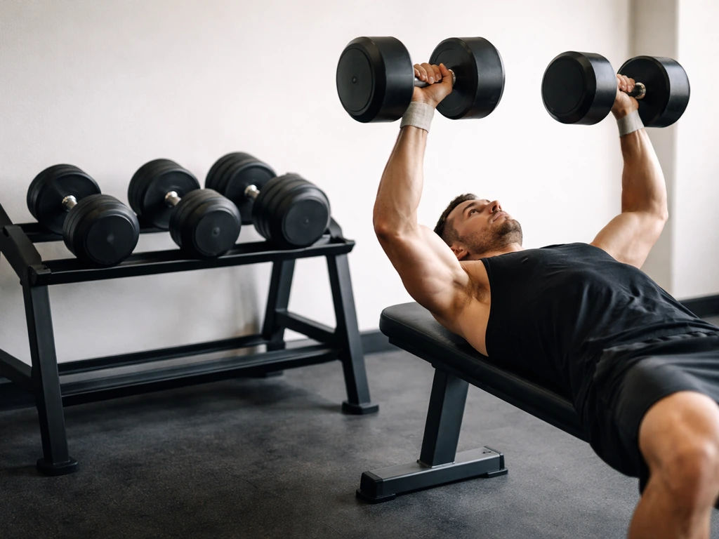 Minimal gym photo: person bench-pressing while different-weight dumbbells/plates suggest progressive gains.