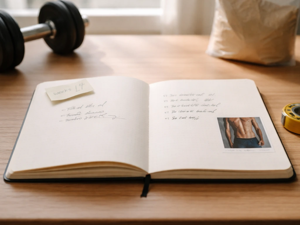 Minimal desk scene showing two labeled workout periods side by side with anonymous body measurements.