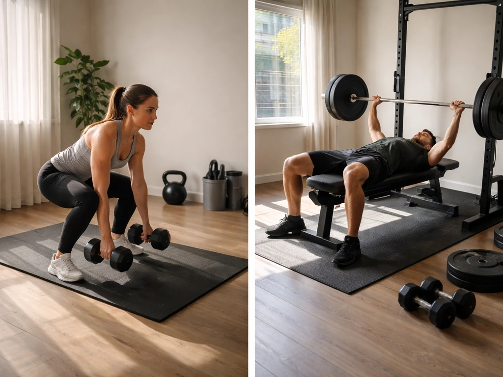 Minimal split training scene: beginner dumbbell lift beside intermediate barbell setup in a simple gym.