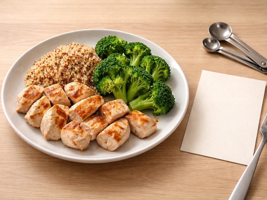 Close-up meal prep plate with high-protein components, with blank recipe card and utensils nearby on a wooden counter.