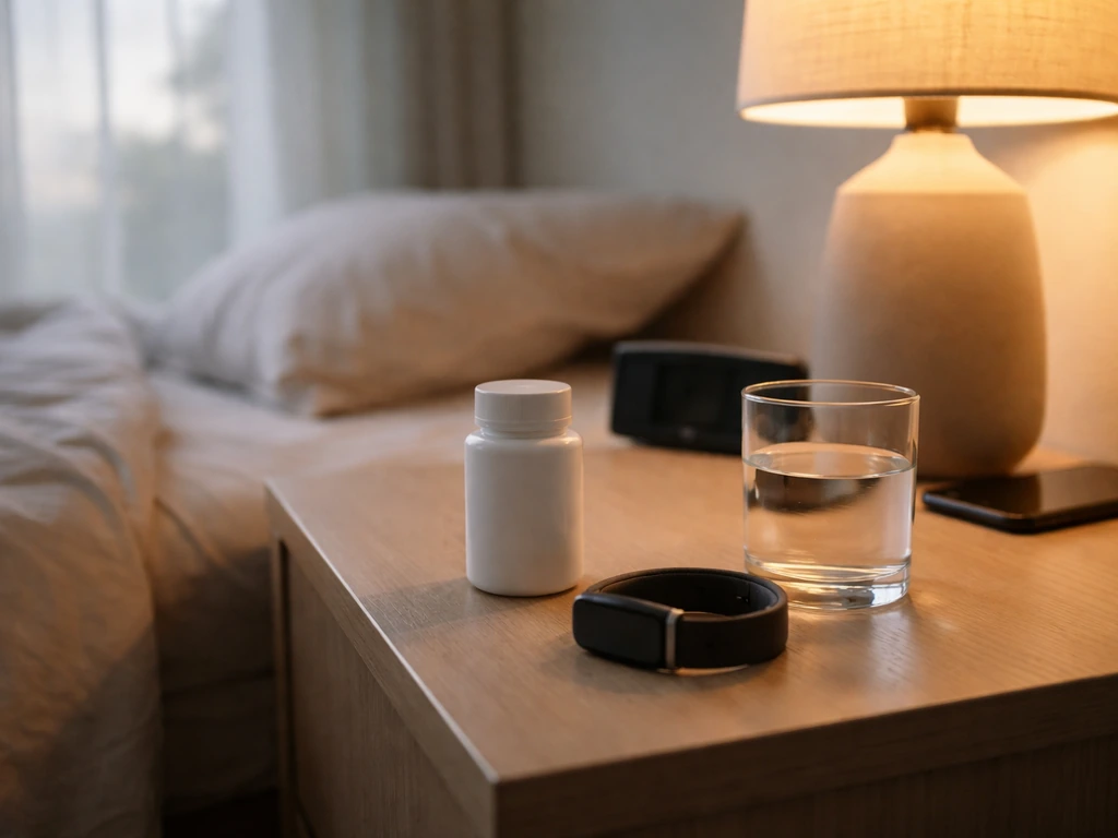 Minimal bedside setup with dark phone out of reach, supplement bottle, and sleep tracker on the nightstand.