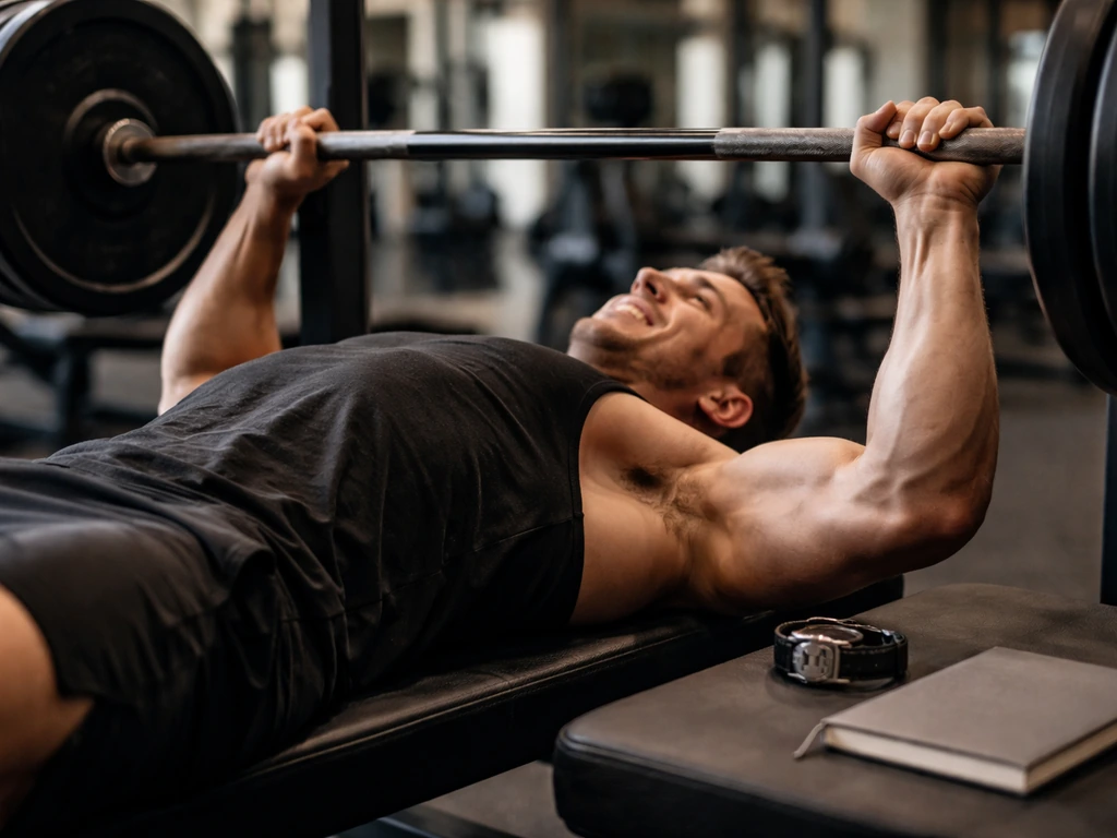 Athletic person bench-pressing in a gym, with a watch and plain journal on the bench for daily training vibe.