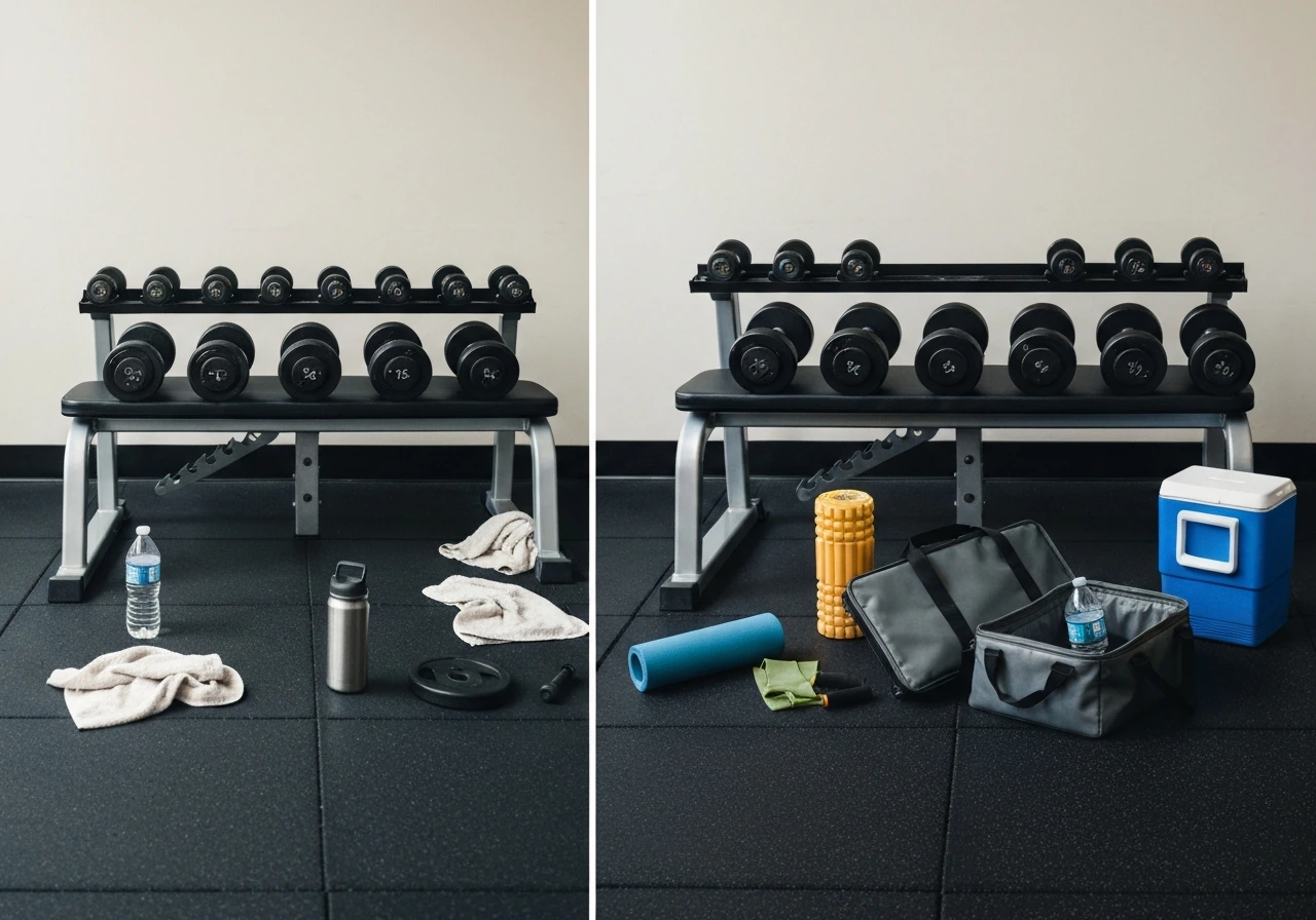 Minimal split scene showing one bench press setup used daily vs a second setup with recovery gear for growth
