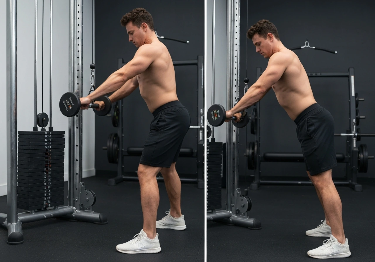 Lifter performing a controlled cable row near failure with a lighter set shown alongside for comparison.