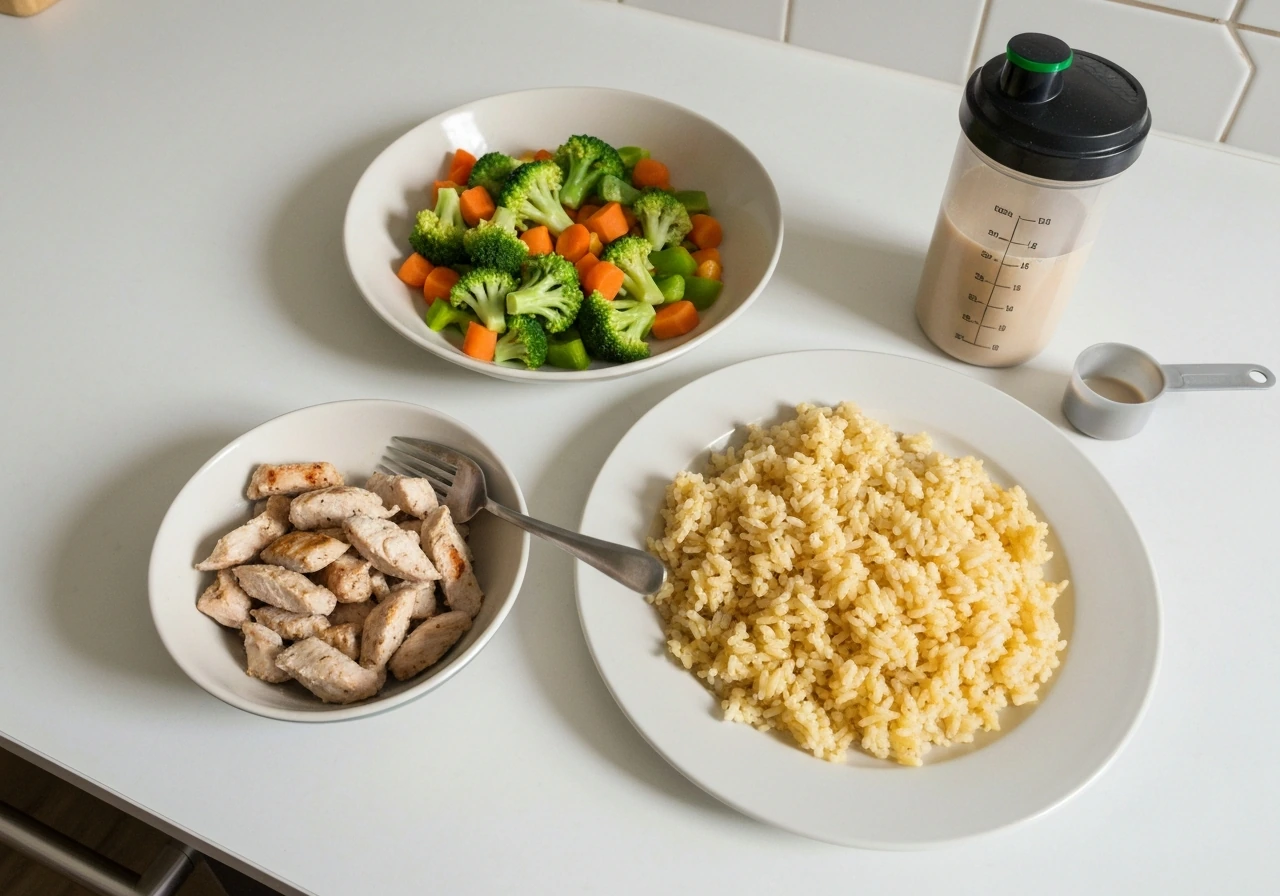 Staged meal ingredients for muscle gain: lean protein, rice, vegetables, and a protein shake on a countertop