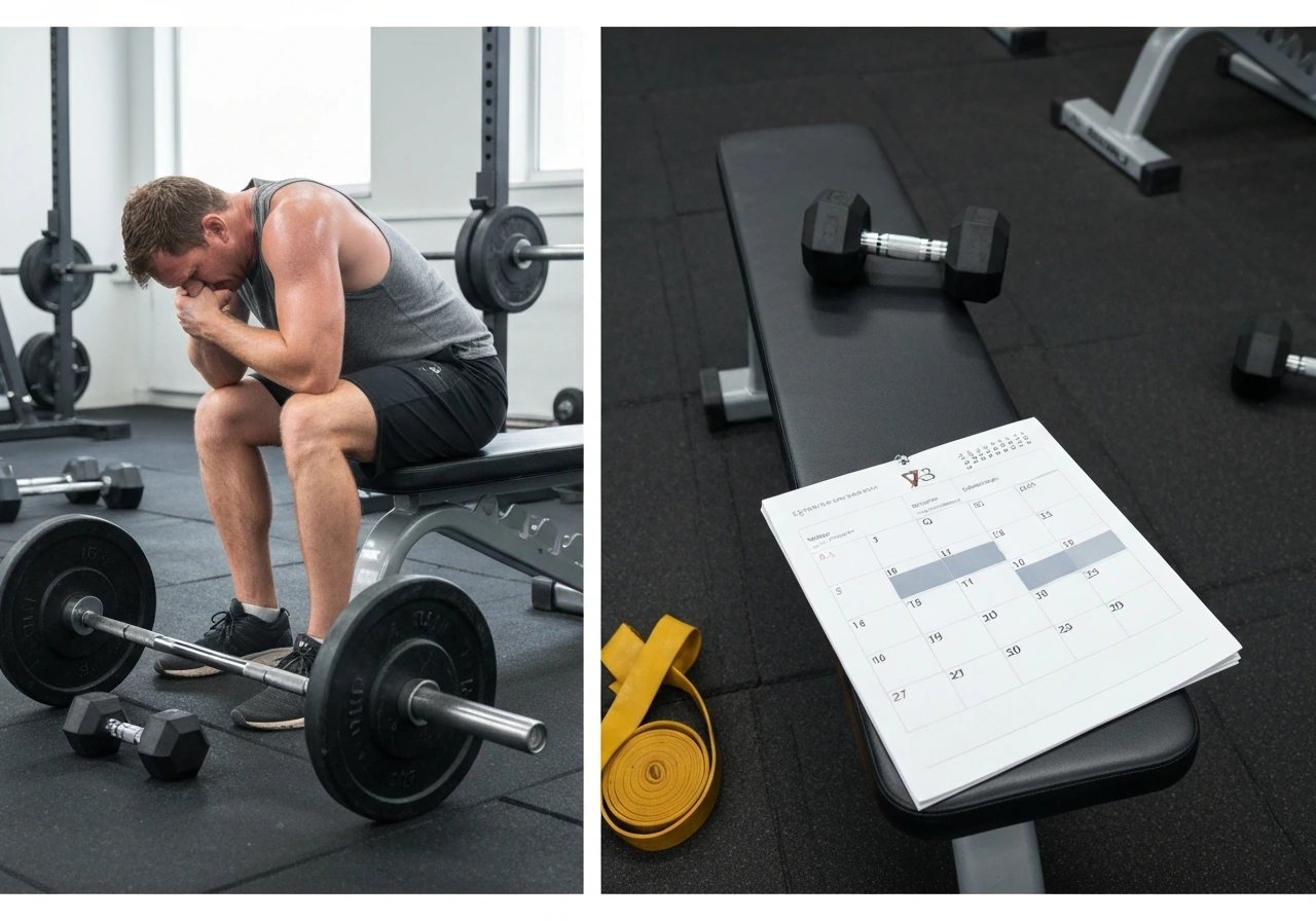 Gym scene showing an overworked lifter next to a simple rest-and-rotation weekly plan concept.