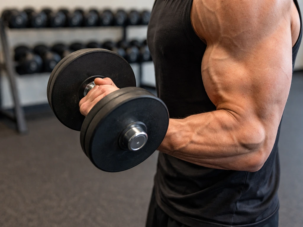 Tense forearm and bicep gripping a dumbbell in a minimal gym scene.