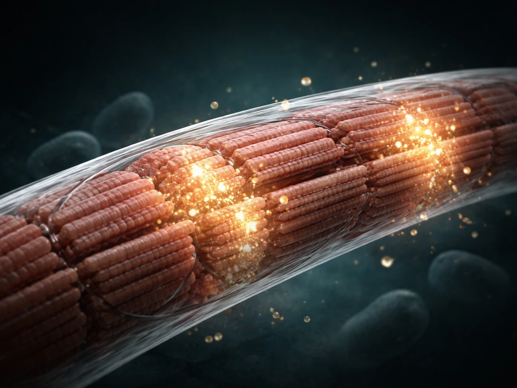 Cutaway view of one muscle fiber with glowing molecular signals and tension changes right after exercise.