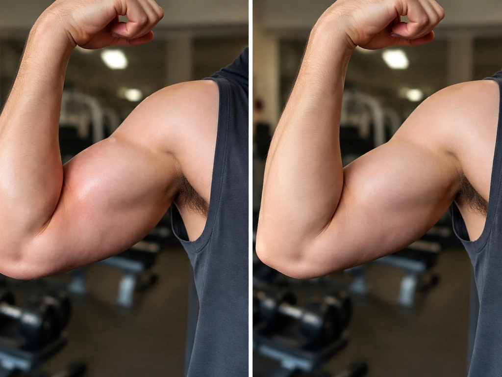Split image of a toned arm muscle right after workout, then the same arm days later with less “pump.”