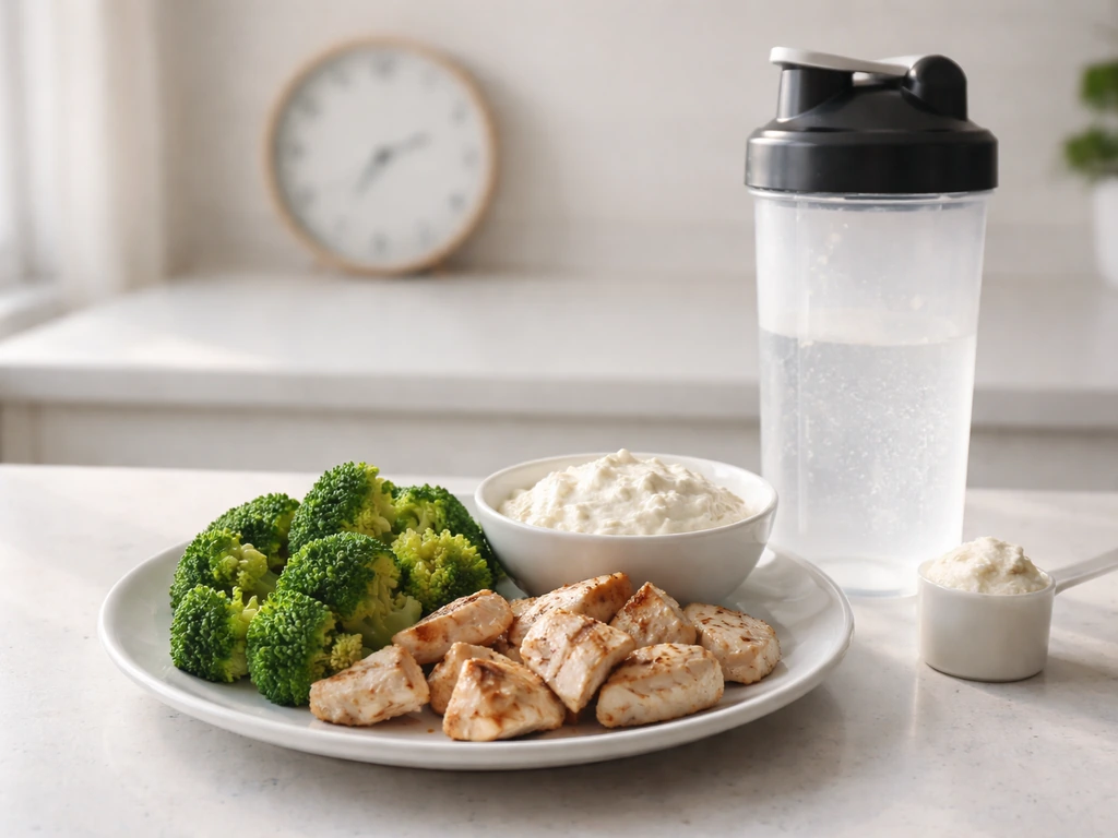 Meal-prep plate with high-protein foods beside a protein shaker and a kitchen clock
