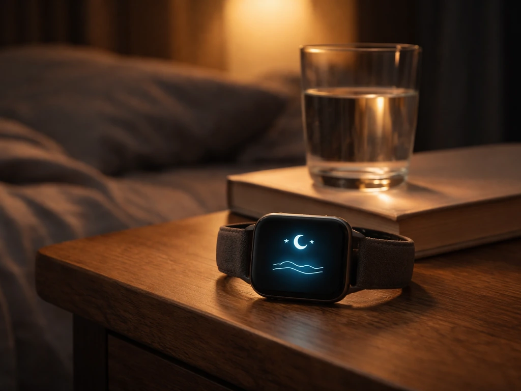 Bedroom at night with a smartwatch on a bedside table showing sleep tracking and subtle recovery icons.