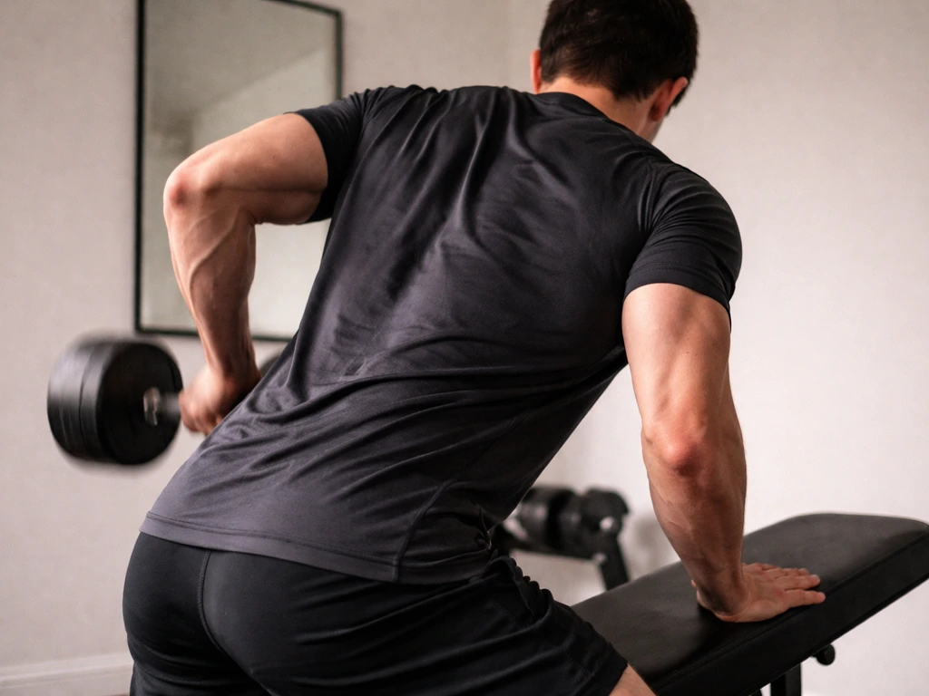 Close-up of an unidentifiable person performing a dumbbell row beside a mirror in a simple home gym.