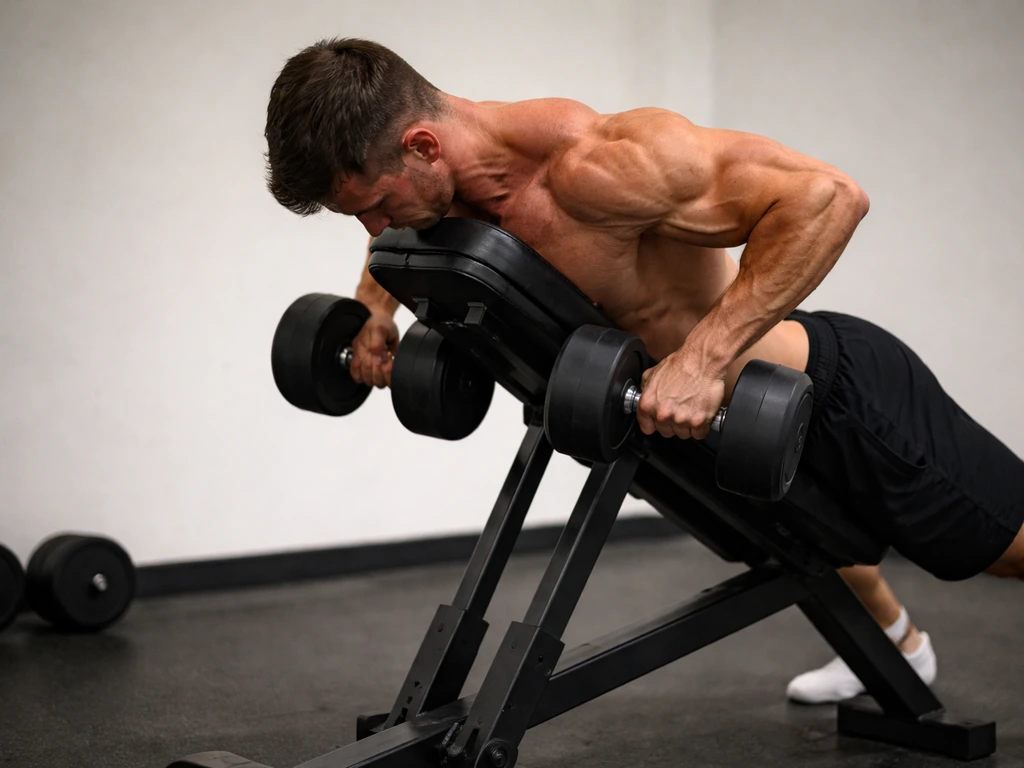 Person performing a chest-supported dumbbell row in a quiet gym, emphasizing lats and mid-back form.