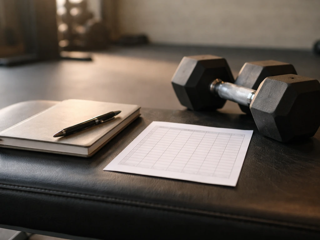 Minimal photo of an unmarked fitness notebook beside dumbbells, suggesting weekly back training volume.