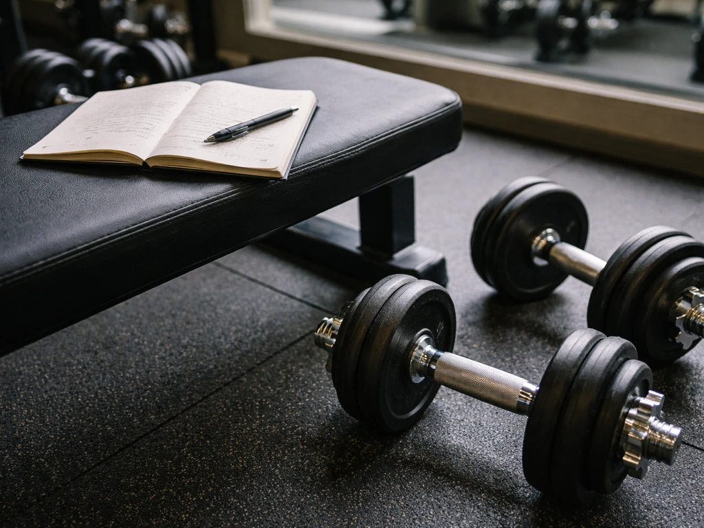 Close-up of a dumbbell and workout notebook on a gym bench, showing added reps across weeks.