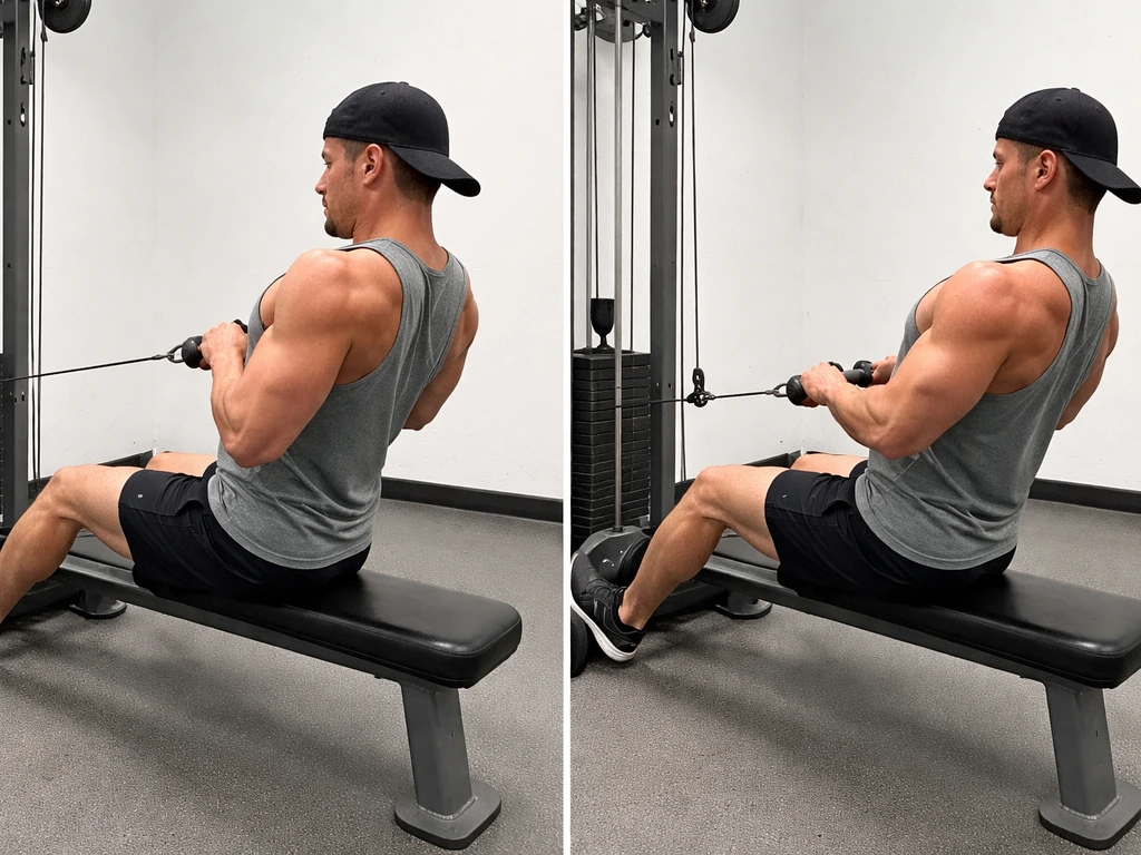 Trainer demonstrating two-person cable row setup: one arm-dominant mistake and one back-dominant correct form.