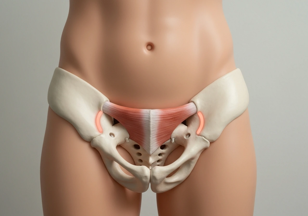 Close-up of the front-top outer hip/pelvis anatomy highlighting the tensor fasciae latae location.