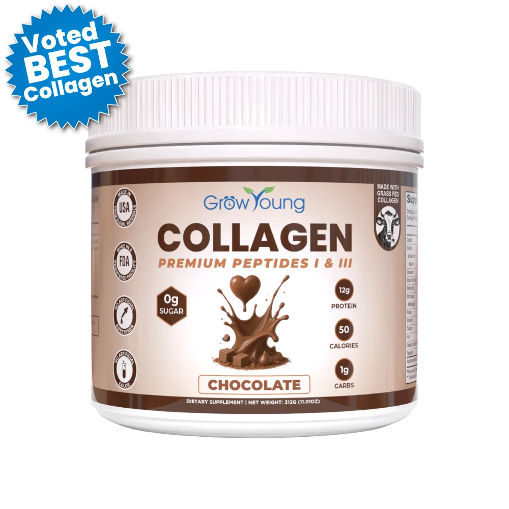 Grow Young Fitness collagen protein powder tub in chocolate flavor