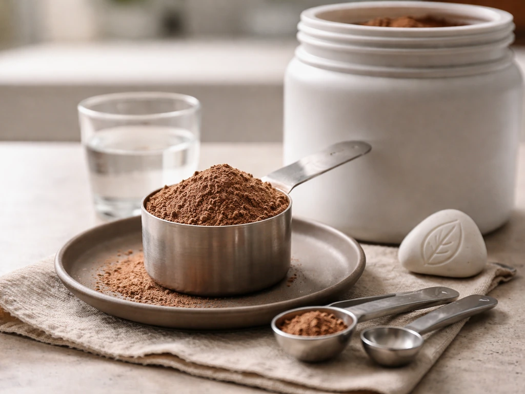Scoop of chocolate protein powder over a small container with a simple dairy-free ingredient vibe