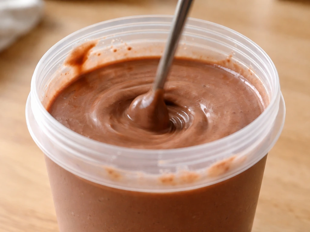 Close-up of a cocoa-brown protein shaker cup with thick, smooth chocolate mixture being stirred.