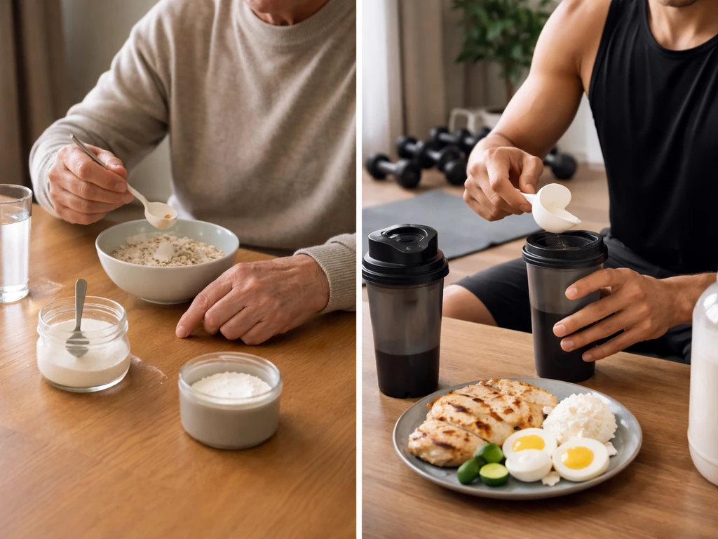 Left: older adult taking collagen with a meal; Right: younger athlete adding protein to a shaker.