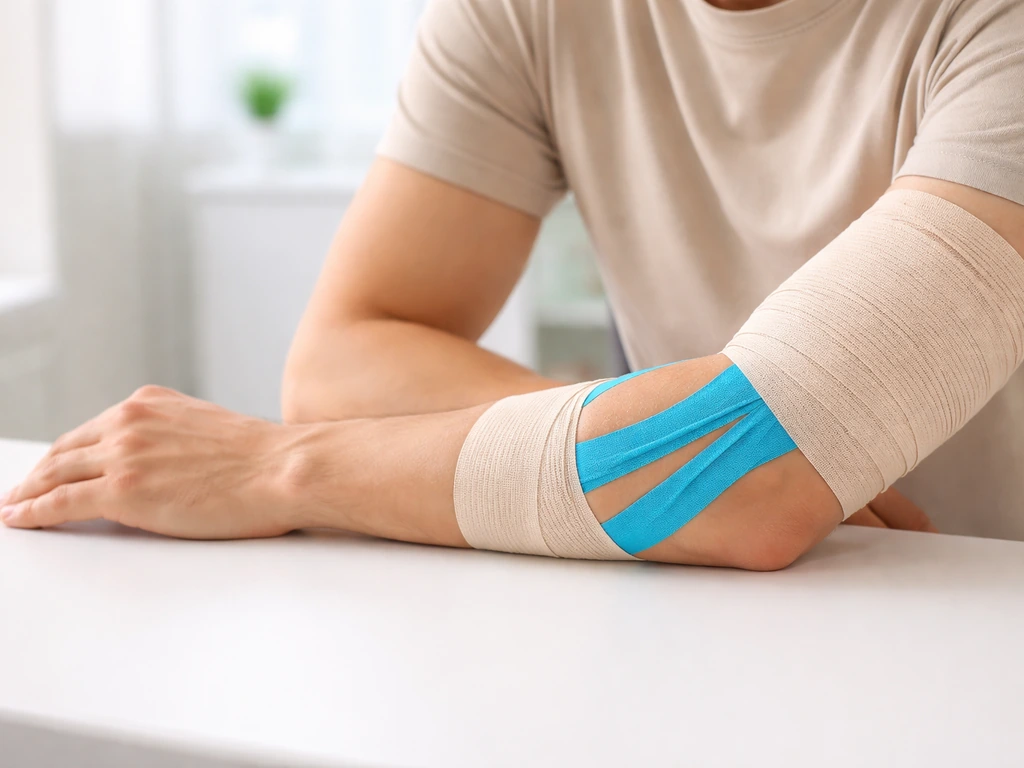 Person seated with gently wrapped arm and supportive kinesiology tape after a suspected muscle tear