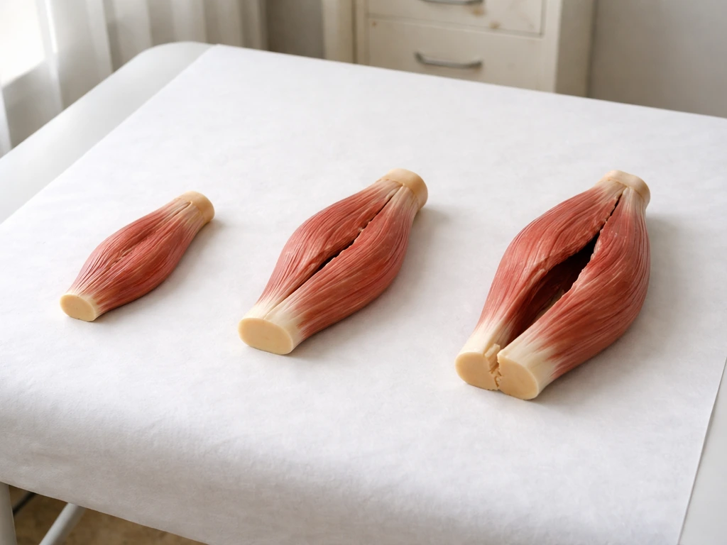 Three separate muscle-tissue props on a clinic table showing micro-tear, partial tear, and complete rupture.