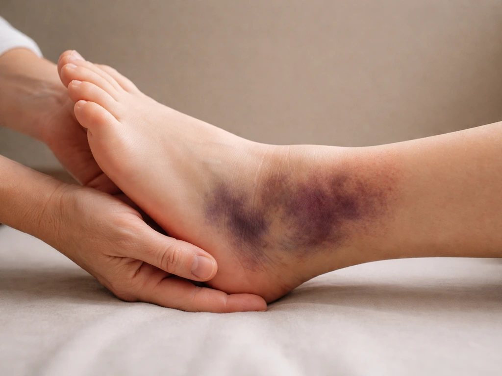 Close-up of a swollen, bruised ankle with a caregiver gently checking range of motion
