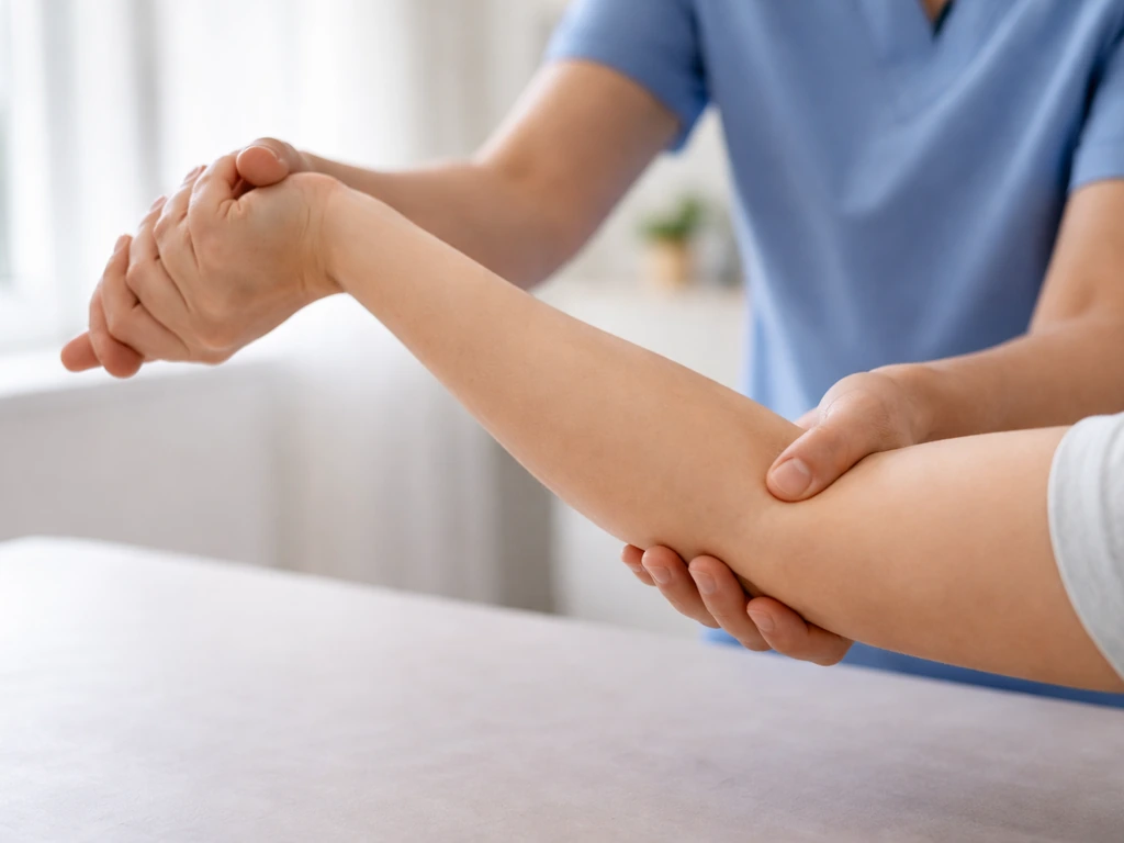 Clinician’s hands gently guide a forearm joint through a comfortable range in a quiet room.