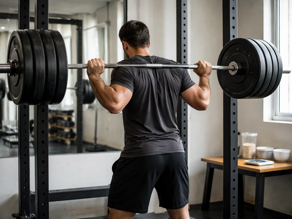 Anonymous lifter performing a barbell lift in a rack with a small food scale nearby in a minimal gym scene.