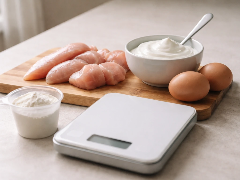 Close-up of lean protein foods—chicken, Greek yogurt, eggs—beside an unbranded measuring cup and kitchen scale.
