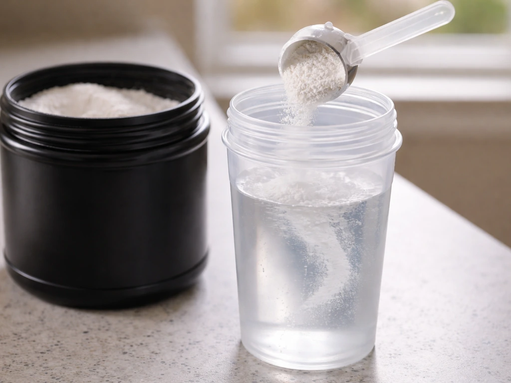 Scoop pouring white creatine monohydrate into a shaker with water beside the container.