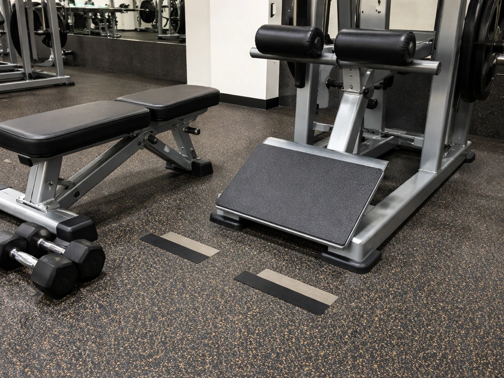 Gym bench and calf machine setup showing short vs longer range-of-motion positions with no people