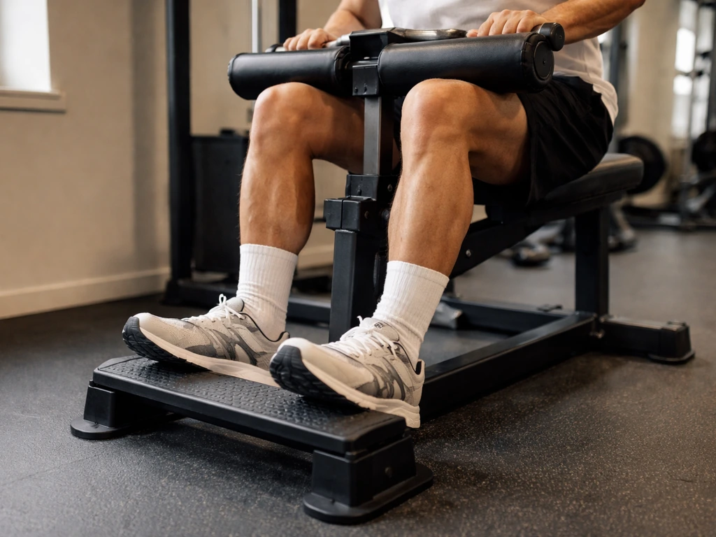Person performing a seated calf raise, with foot angle clearly shown at the stretched bottom position.