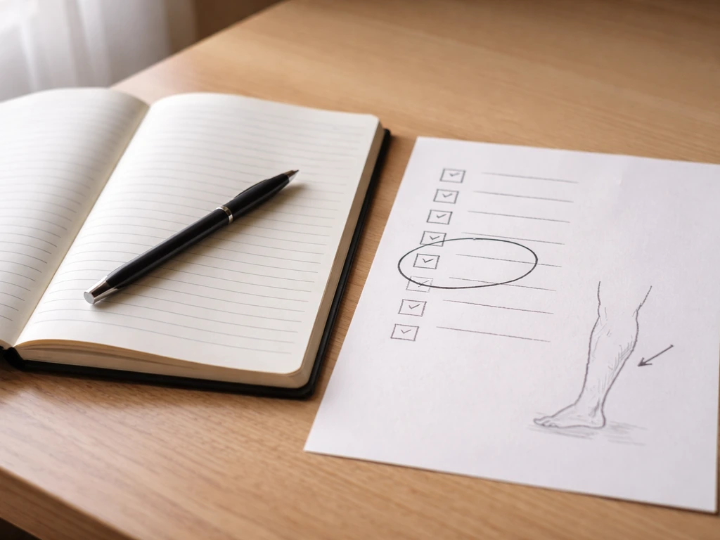 Workout notebook and checklist beside a circled hard-muscle sketch under natural window light.