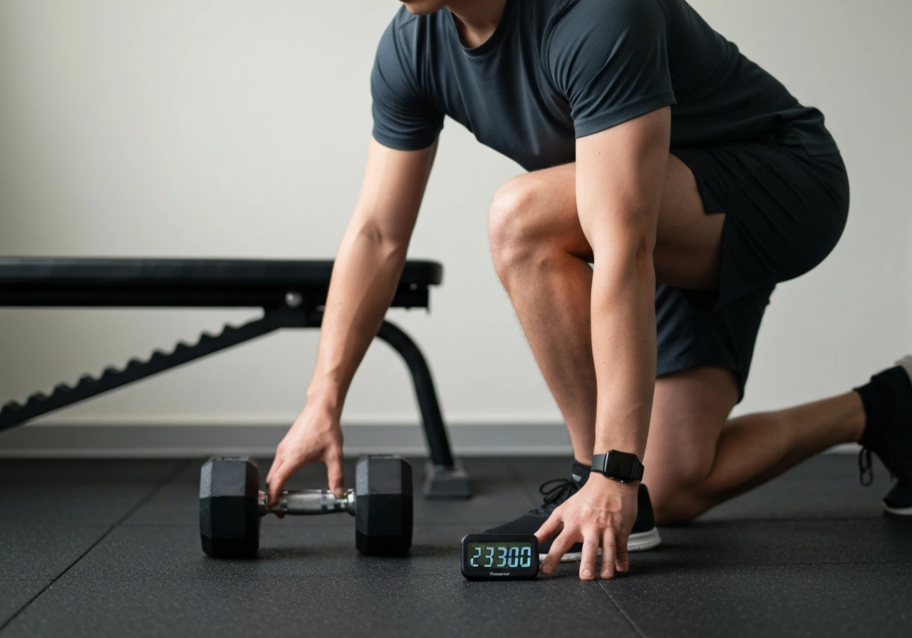 Person setting a 3-minute timer beside a dumbbell row setup on a simple gym floor