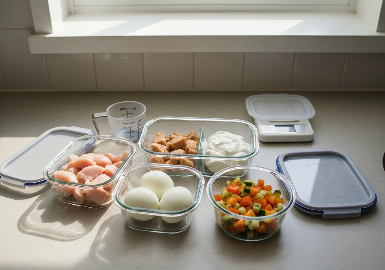 High-protein meal-prep foods and measured portions on a kitchen counter in natural light.