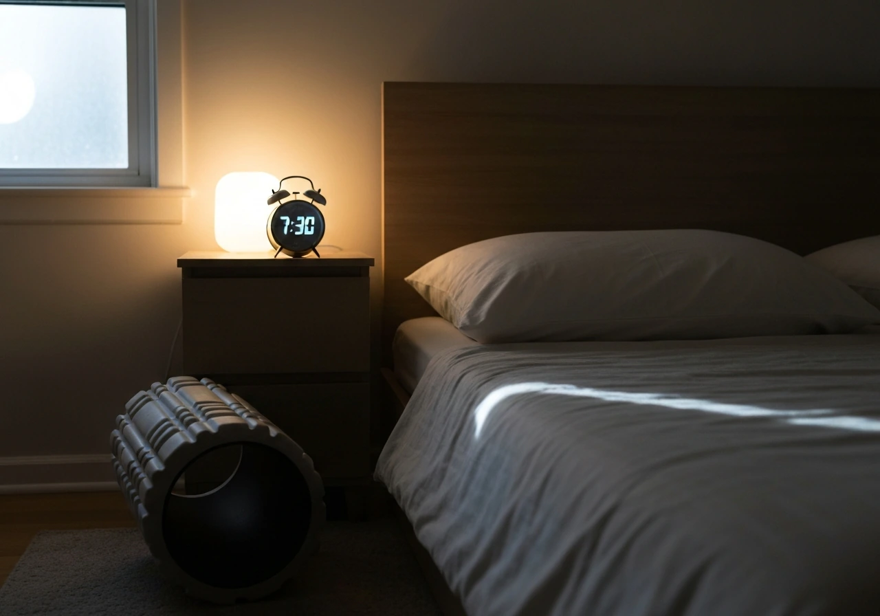 Calm bedroom bedside setup with a pillow, neatly placed foam roller, and an alarm clock with bright time.