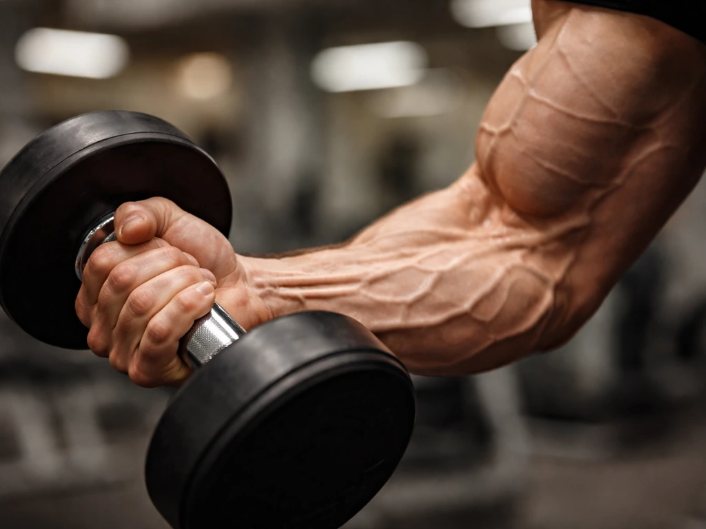 Close-up of flexed forearm veins looking full during a resistance set in a gym.