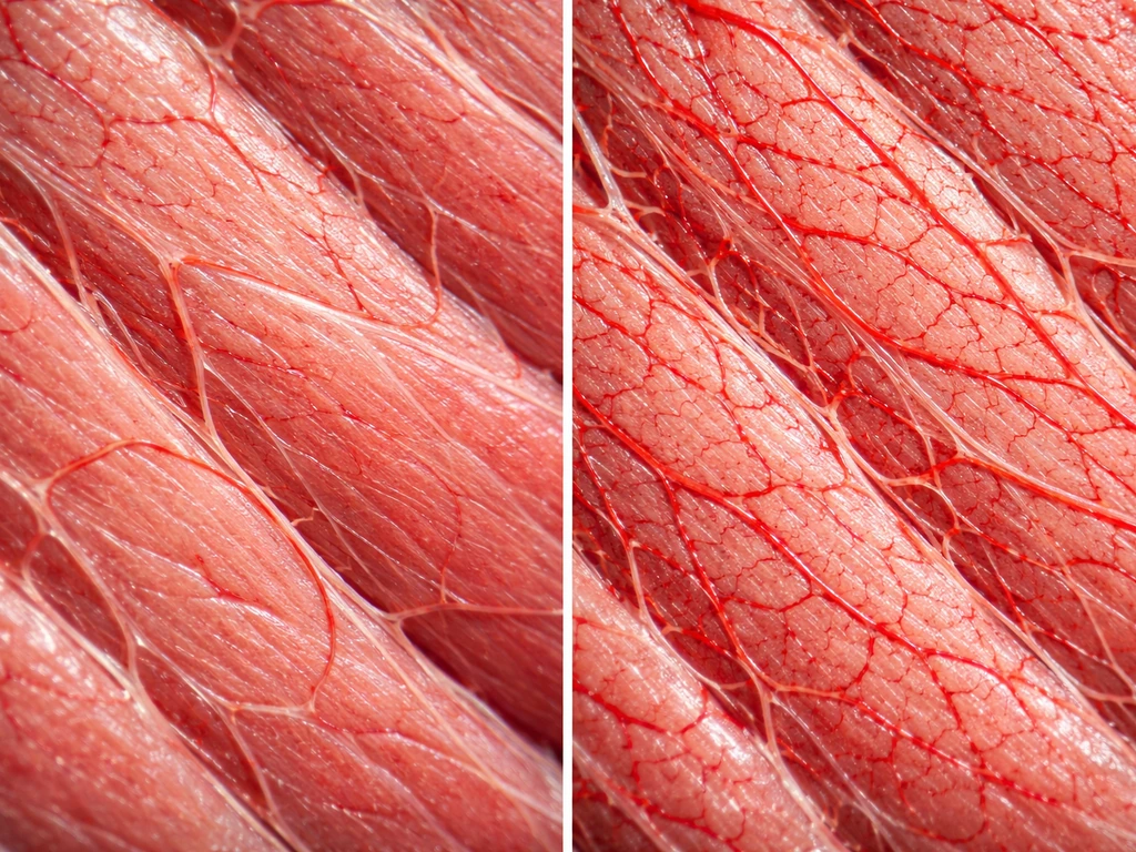 Side-by-side stained muscle tissue showing denser capillaries after training.